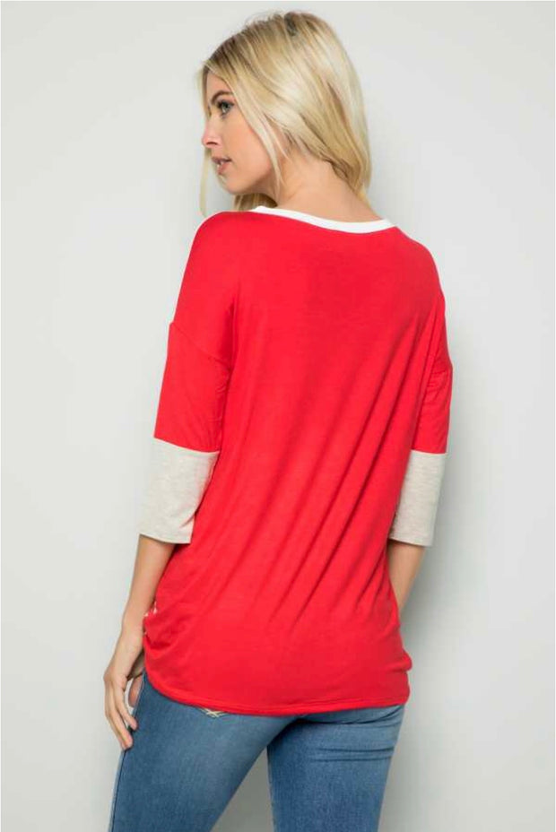 CP-K {Beyond Happy} Red/Gray Striped Contrast Top Pocket