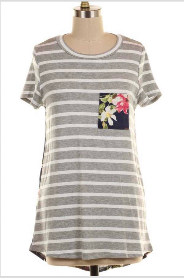 CP-M {Good To Me} Gray Striped Top with Floral Contrast