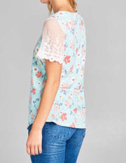 CP-E {Cuddles With You} Mint Floral Top with Lace Sleeves