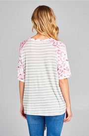 CP-F {Enjoy The Breeze} Gray Striped Top Floral Contrast