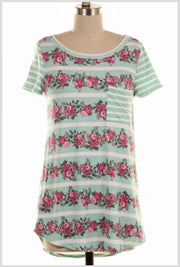 CP-F {Floral Magic} Mint Striped Top with Pink Floral Print