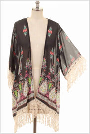 OT-A {Risk It All} Black Printed Cardigan with Crochet Fringe Detail