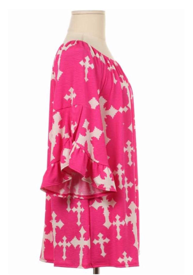 PQ-C {Show The World} Fuchsia Bell Sleeve Tunic with Cross Print