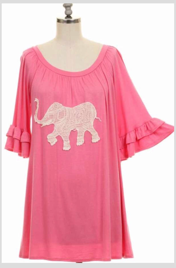 GT-B {Easy Peasy} Pink Top Quarter Ruffle Sleeve W/ Elephant Crochet Detail