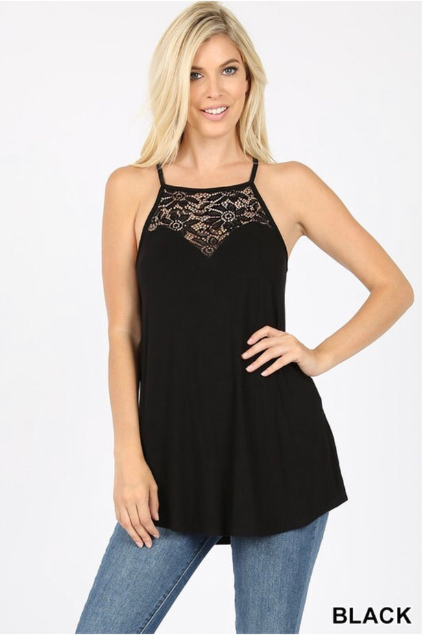 SV-M {Always Together} Black Sleeveless Top W/ Lace Neck Detail