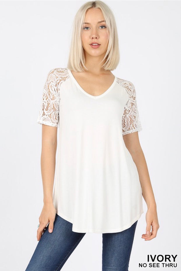 SSS-Z {Lovely As Ever} Ivory V-Neck Top W/ Lace Sleeve Detail