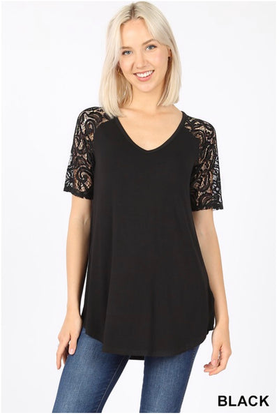 SSS-Y {Lovely As Ever} Black V-Neck Top W/ Lace Sleeve Detail