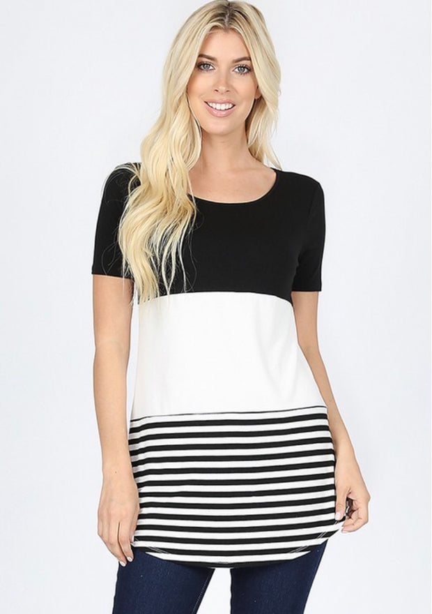 CP-B {Up & Away} Black/White Striped Contrast Tunic