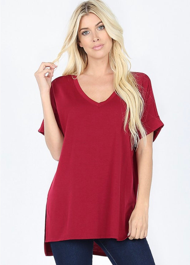 SSS-K {Figure It Out} Burgundy V-Neck Top W/ Cuffed Sleeve