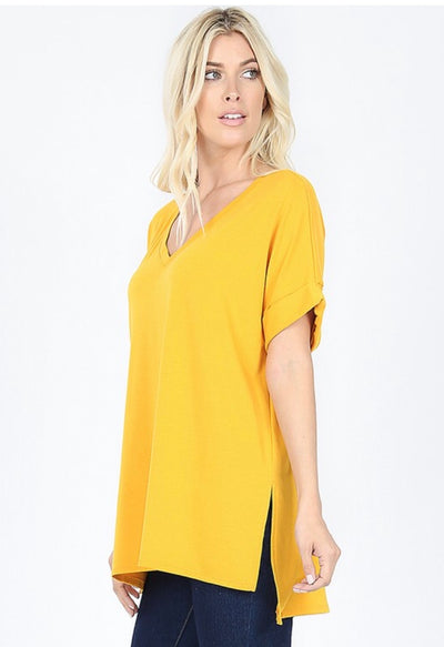 SSS-P {Figure It Out} Mustard V-Neck Top W/ Cuffed Sleeve