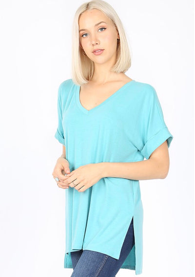SSS-M {Figure It Out} Blue V-Neck Top W/ Cuffed Sleeve