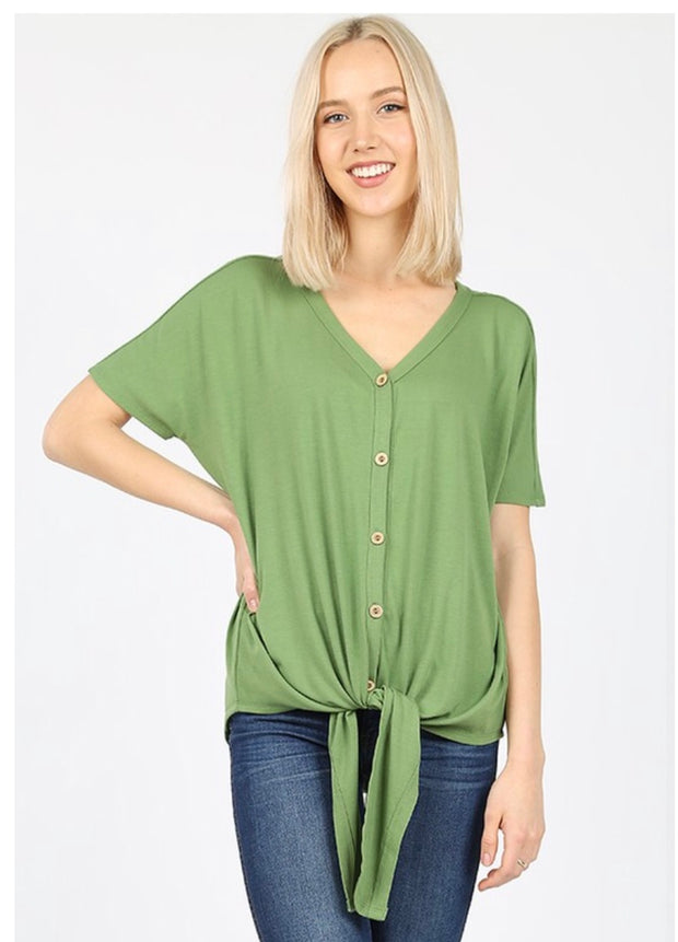 SSS-F {Taking It Easy} Green Button-Up Top W/ Tie Detail