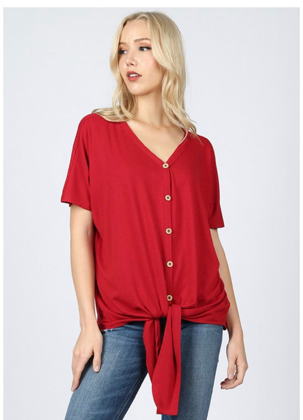 SSS-E {Taking It Easy} Red Button-Up Top W/ Tie Detail