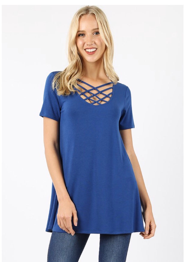 SSS-O {Simply Awesome} Blue Top with Cage Neck Detail