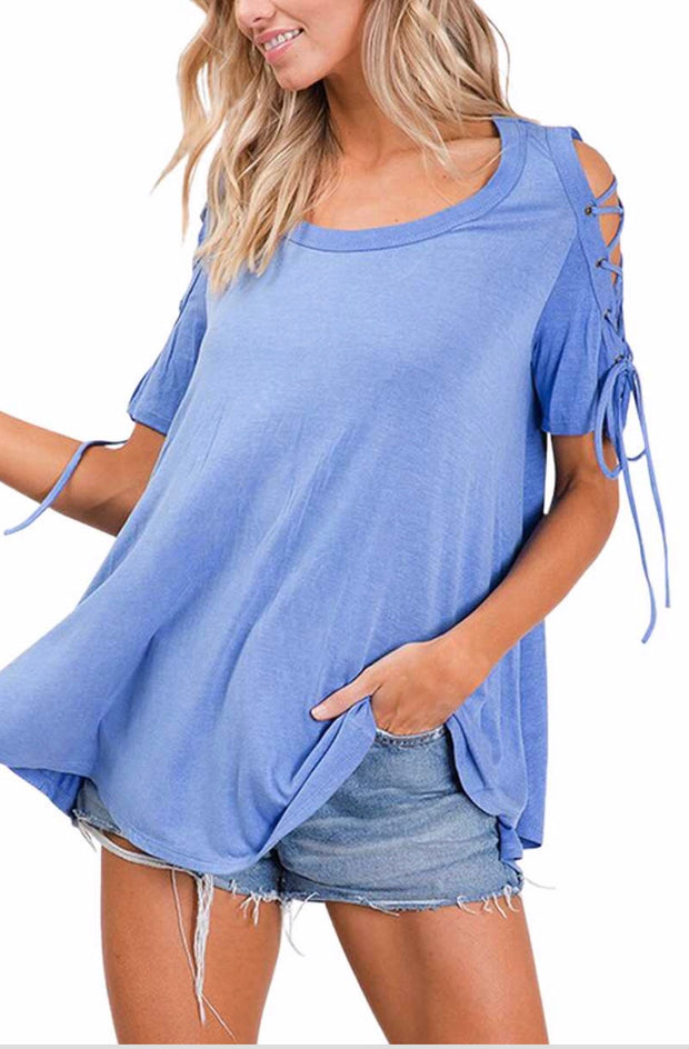 OS-B {Falling For You} Blue Top with Lace-Up Sleeves