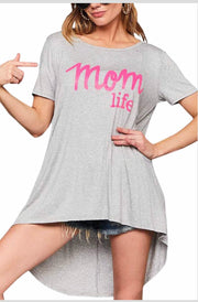 GT-B {Mom Life} Gray Hi-Lo Top with Hot Pink Letters