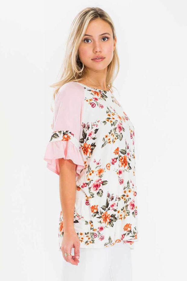 CP-A {Fresh Florals} Ivory Floral Top with Pink Sleeves