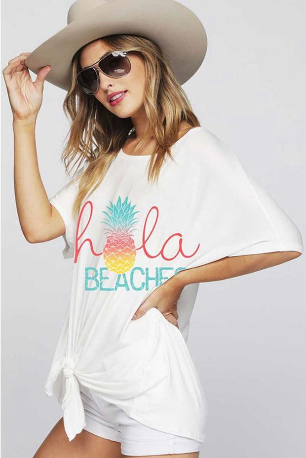 GT-A {Hola Beaches} White Graphic Tee with Front Tie