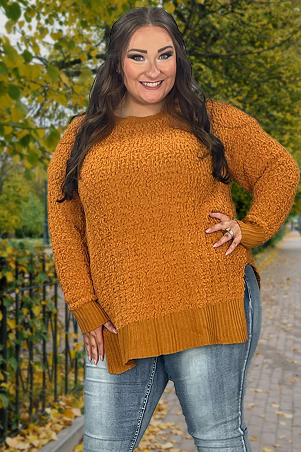 SLS-A {Simple Solution} Camel Popcorn  Sweater with Split Sides