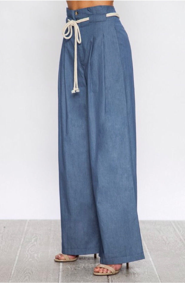 BT-C {Call On Me} Blue Pleated Wide-Leg Pants with Rope Belt