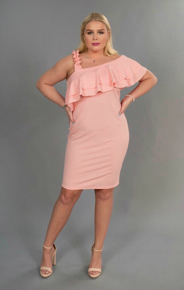 OS-K {Easy To Love} Pink Off-Shoulder Dress with Ruffle Strap