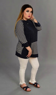 CP-B {UMGEE} Navy Top with Striped Sleeves & Pocket