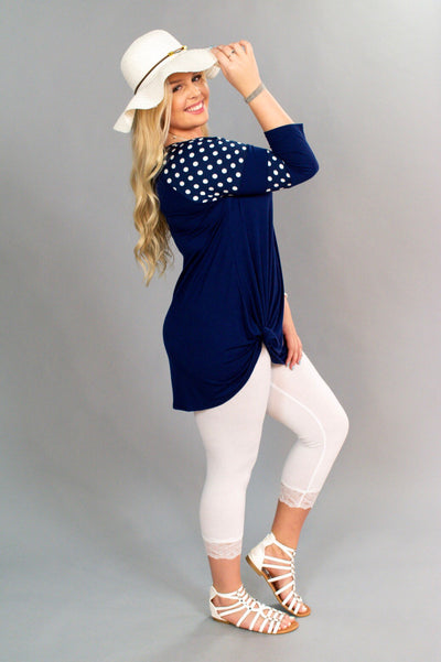 CP-F {Enough For Me} Blue Tunic with Polka-Dot Sleeves