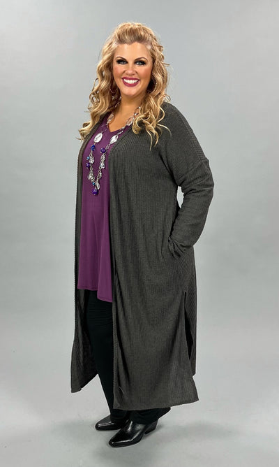 LD-Y  {Know Your Worth} Charcoal Gray Waffle Cardigan PLUS SIZE M 1X 2X 3X