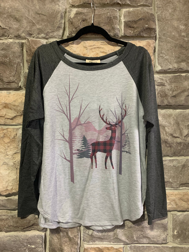 10-09 CP-O {Wild Winters} Grey Contrast With Deer Image Top SIZE S M L
