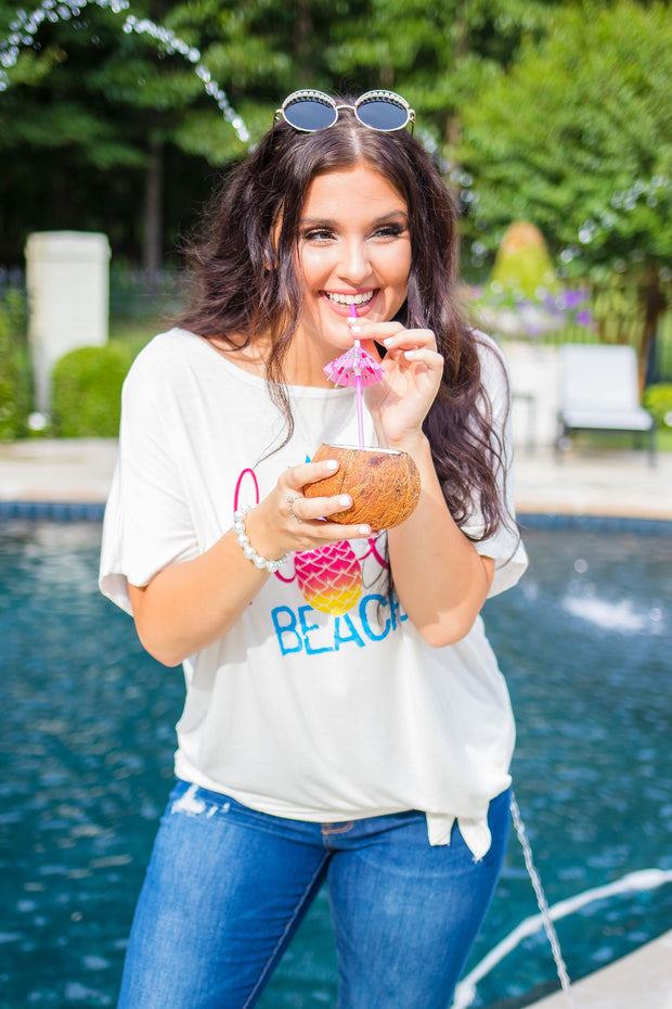 GT-A {Hola Beaches} White Graphic Tee with Front Tie