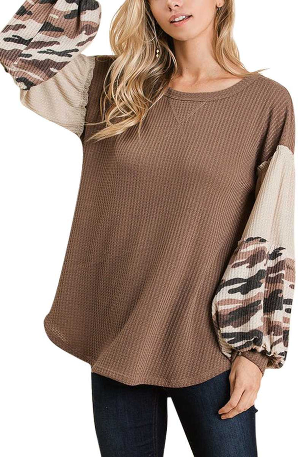 10-20 CP-C {She's In Charge} Mocha With Camo Sleeve Tunic SIZE S M L XL