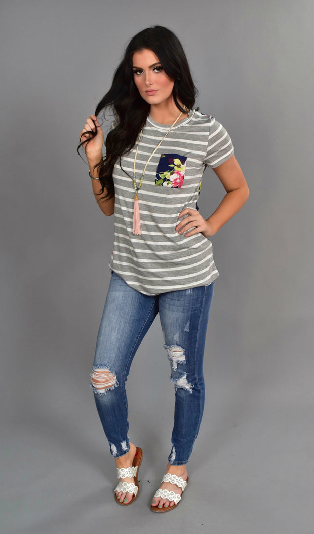 CP-M {Good To Me} Gray Striped Top with Floral Contrast