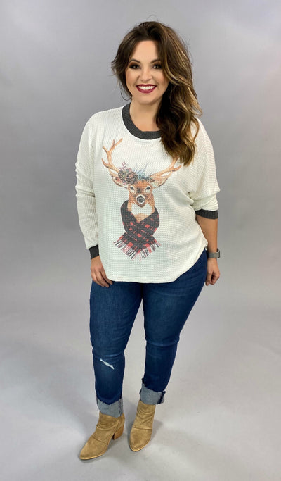 10-09 GT-M {Sleigh Bells} White Waffle Reindeer Top SIZE S M L