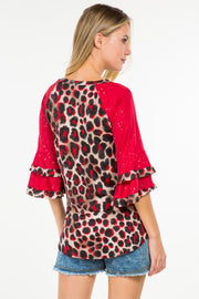 CP-A {You've Got It} Red Leopard Spakle Sleeve Top