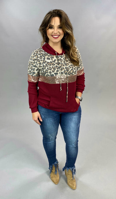 10-20 HD-B {Claws Out} Maroon Leopard Sequin Hoodie SIZE S M L
