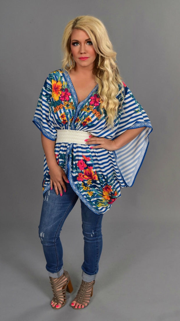 PSS-A {Dream Date} Blue Floral Striped Top Elastic Waistband