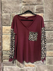 10-09 CP-O {Little Miss Confident} Maroon With Leopard Waffle Top SIZE S M L