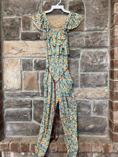 KIDS {Wildflowers} Sage Jumpsuit With Flower Print String Belt