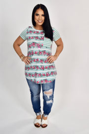 CP-F {Floral Magic} Mint Striped Top with Pink Floral Print