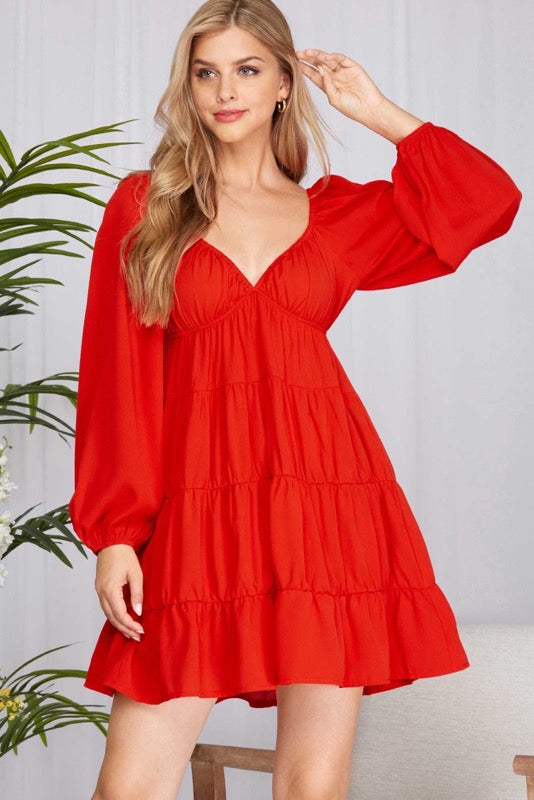 SLS-F {Desires Of The Heart} Red V-Neck Tiered Dress