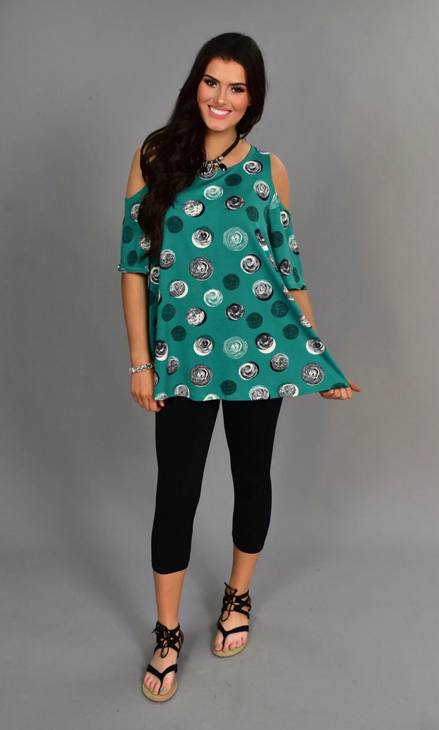 OS-W {Green With Envy} Circle Print Cold Shoulder Top
