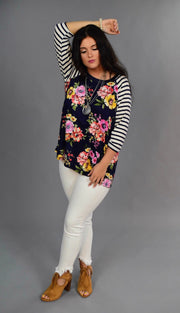 CP-C {Spring Fling} Navy Floral Contrast Top with Striped Sleeves