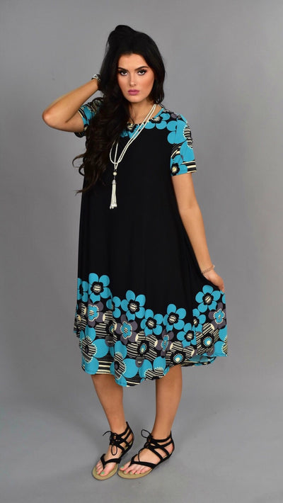 PSS-Q {Something About You} Black/Teal Floral Midi Dress