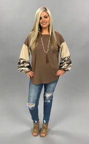 10-20 CP-C {She's In Charge} Mocha With Camo Sleeve Tunic SIZE S M L XL