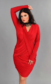 SLS-S {A Night Out} Red V-Neck Overlap Long Sleeve Dress
