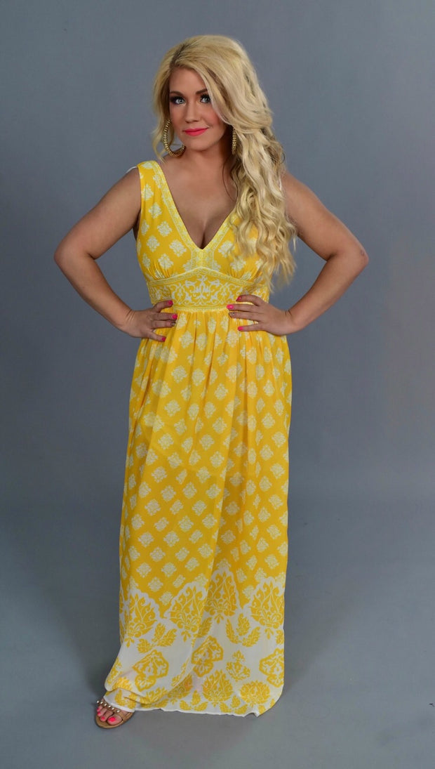 LD-L {Know My Secrets} Yellow Damask Maxi Dress with Lining