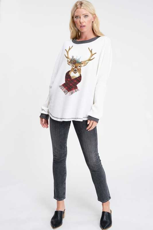 10-09 GT-M {Sleigh Bells} White Waffle Reindeer Top SIZE S M L