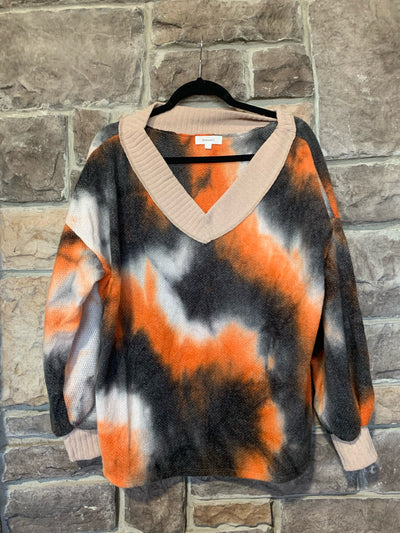 10-02 CP-E {Melt Your Heart} Rust Black Tie Dye Waffle Top SIZE S M L