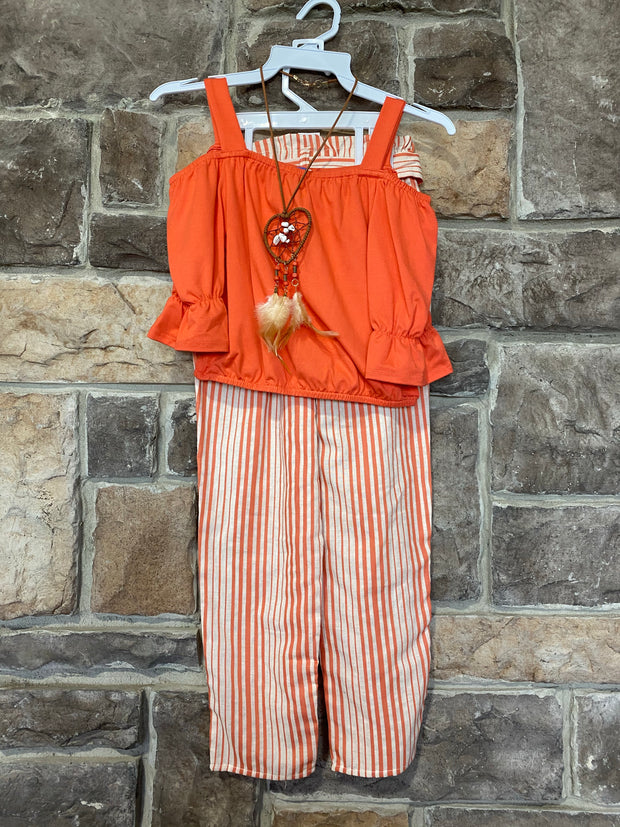 KIDS {Bohemian Babe} Orange Open Shoulder  Top Striped Pant Set