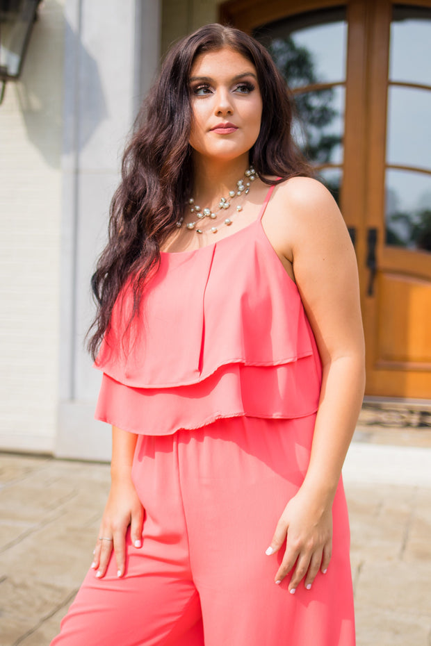 RP-K {Make It Sweet} Coral Jumpsuit with Double Ruffle Yoke